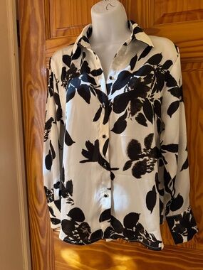 White Floral Button-Up Blouse with Black Print - Women's Top
